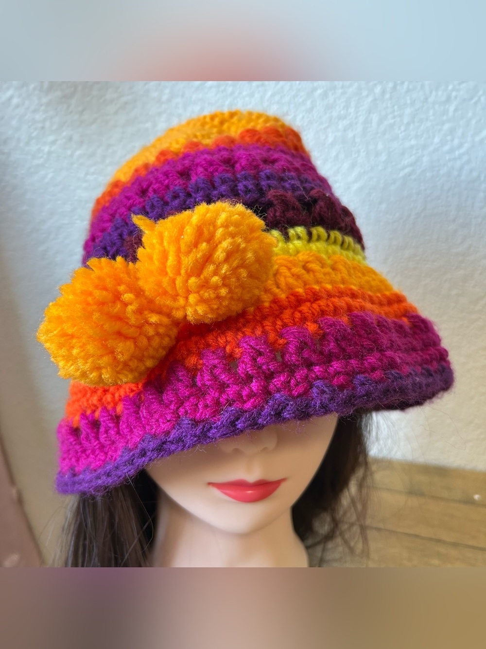 Handmade Multicolor Crochet Pom Pom Bucket Hat - Women
